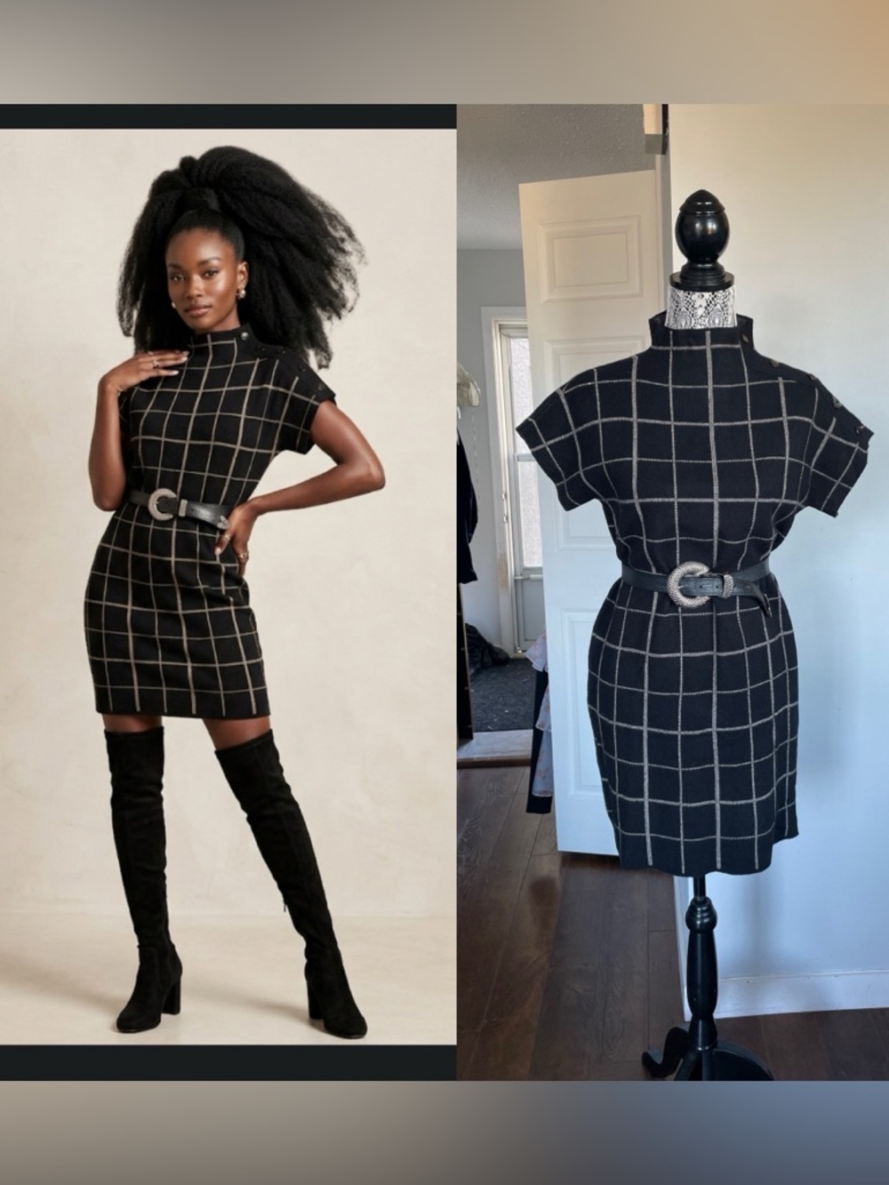 Cynthia Rowley Wool Blend Mock Neck Windowpane Crosshatch Sweater Dress Small